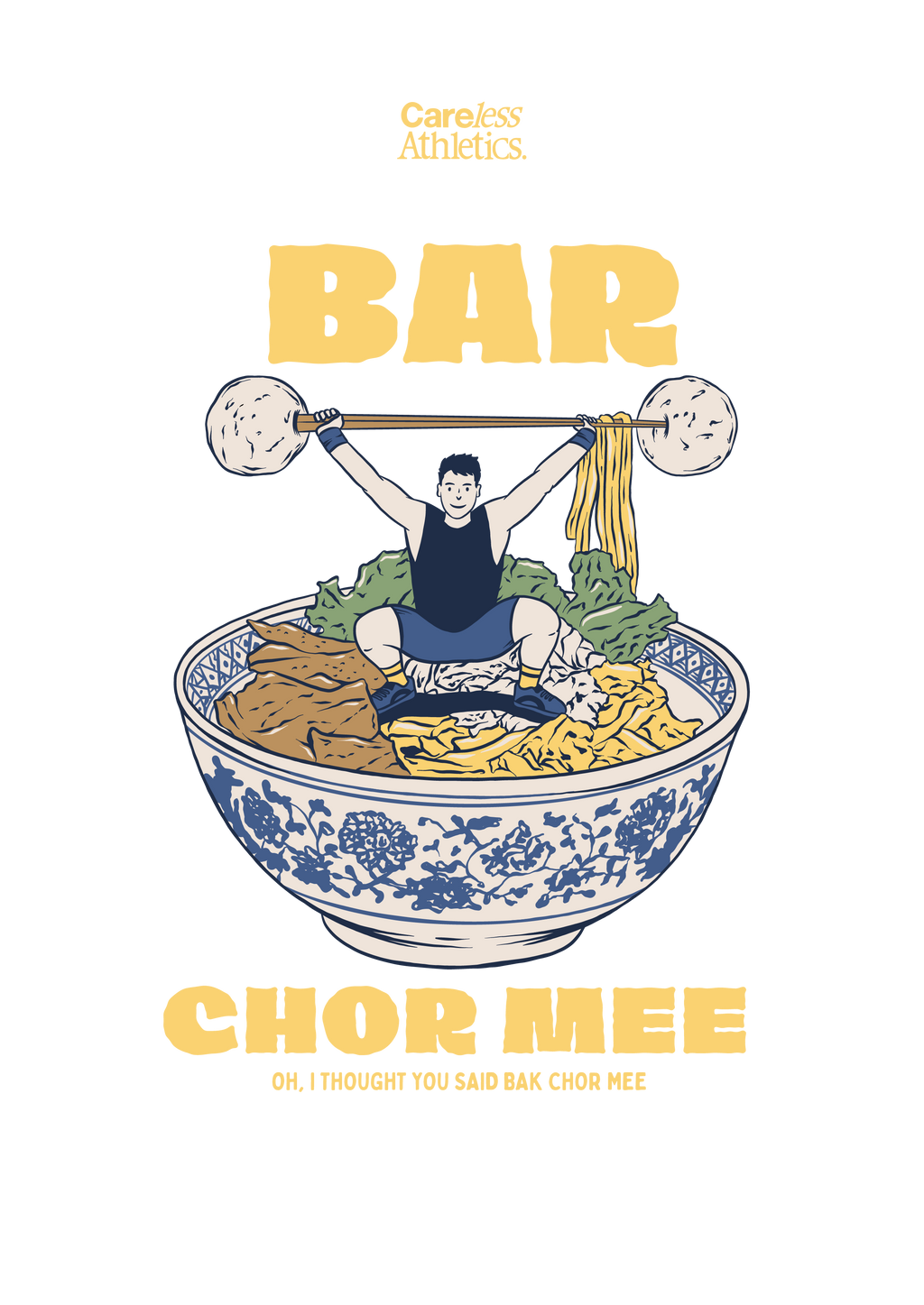 Illustration of a person lifting weights over a bowl of noodles with 'Bar Chor Mee' text.
