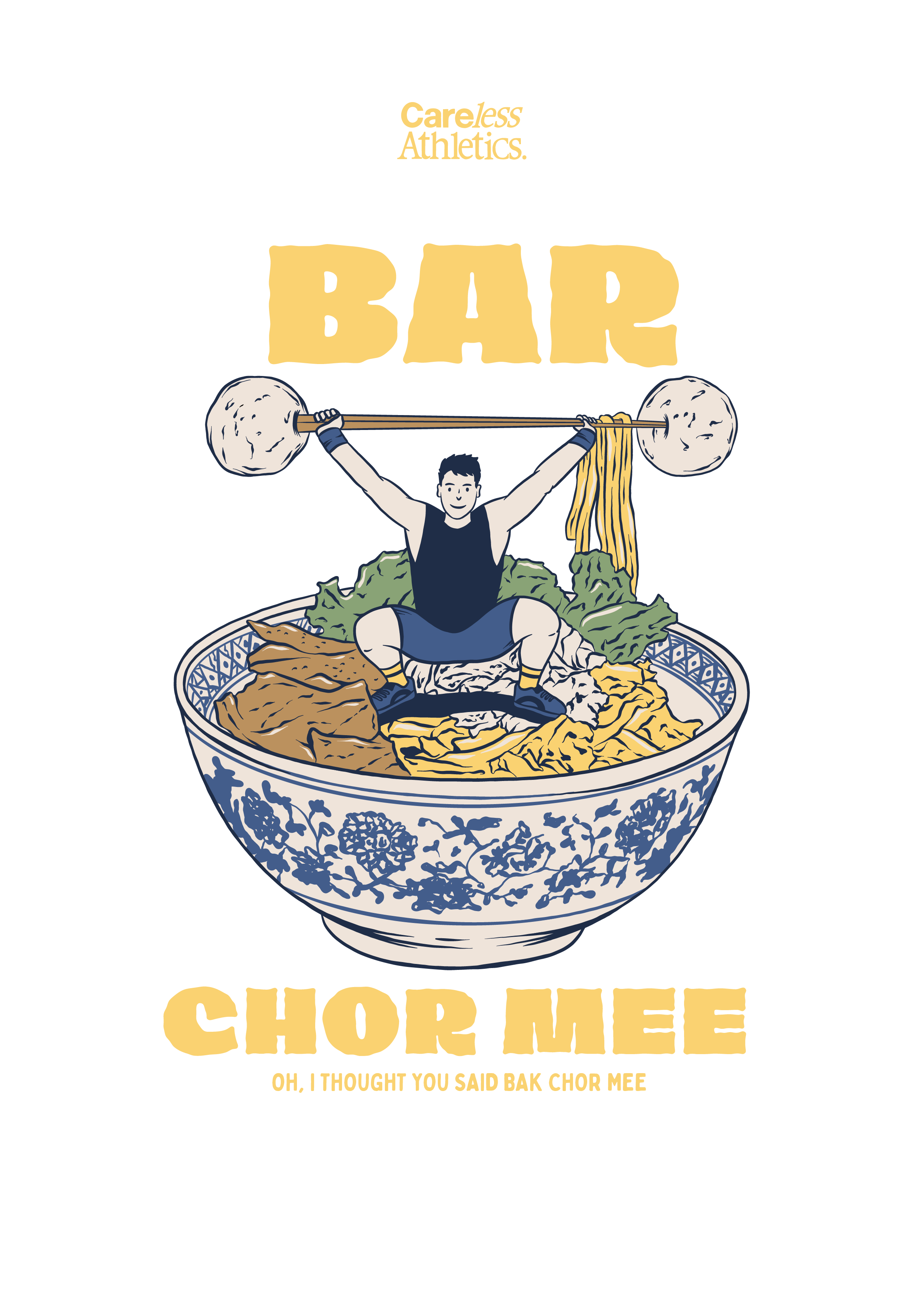 Illustration of a person lifting weights over a bowl of noodles with 'Bar Chor Mee' text.