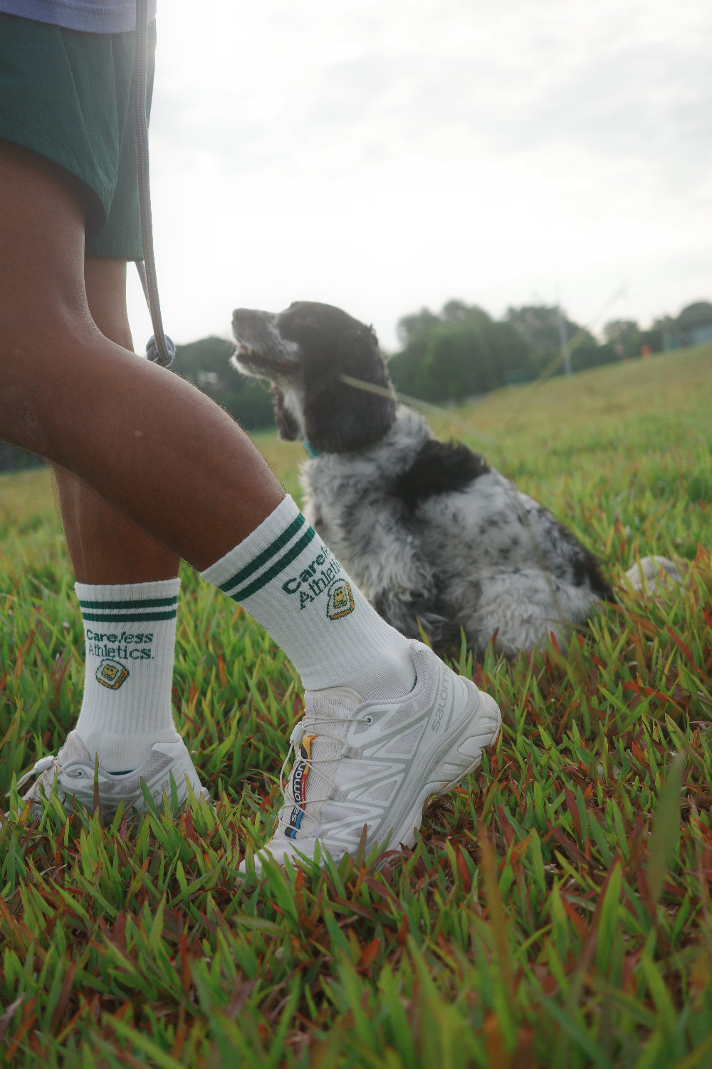Person wearing white sneakers with colorful accents and green shorts standing on grass with a dog in the background.