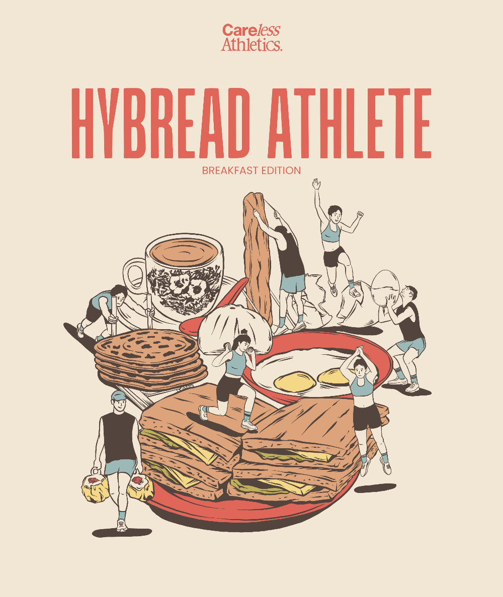 Illustrated poster for 'Hybread Athlete' breakfast edition with various food items and small figures.