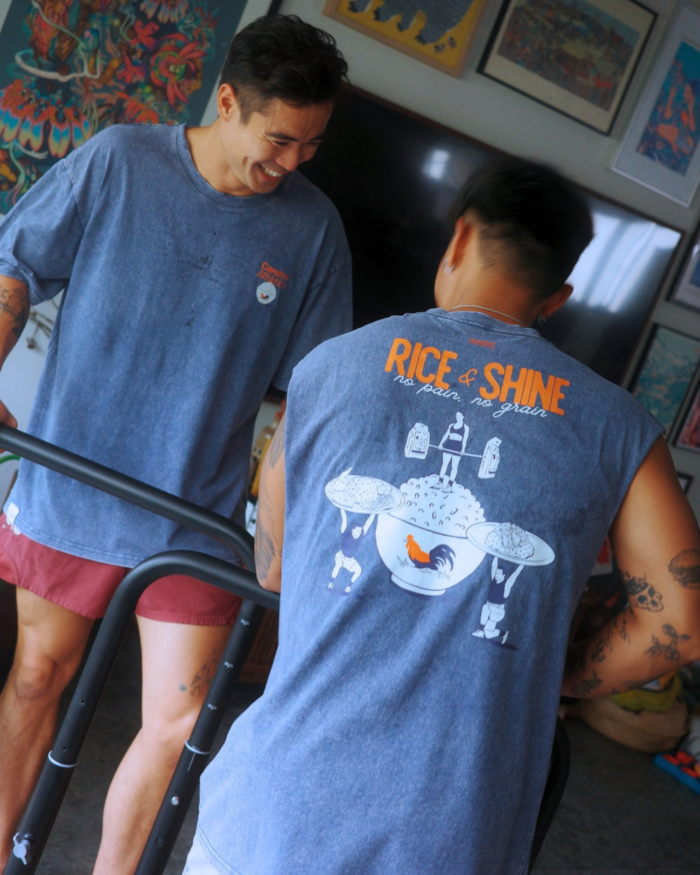 two guys laughing working out while wearing the Careless Athletics Rice & Shine T-shirt